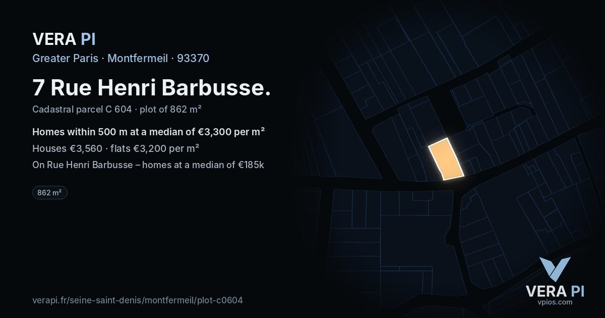 7 Rue Henri Barbusse, Montfermeil at night – the plot lit, the parcels around coloured by the prices near them