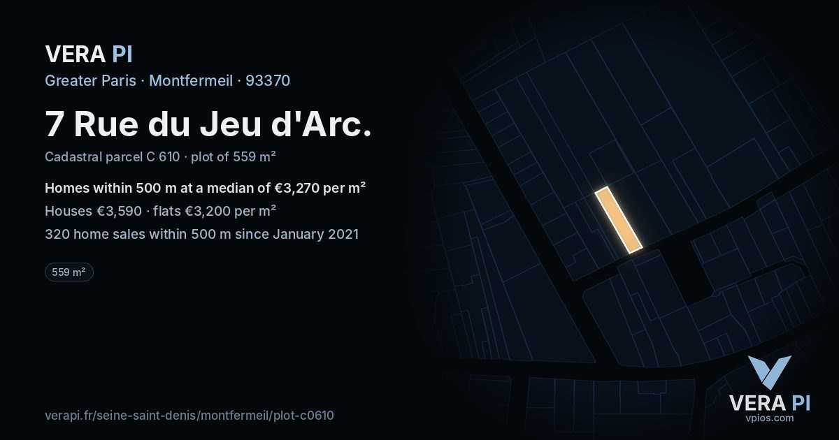 7 Rue du Jeu d'Arc, Montfermeil at night – the plot lit, the parcels around coloured by the prices near them
