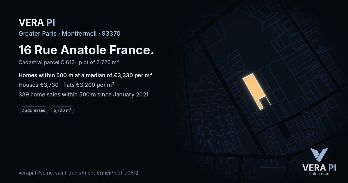 16 Rue Anatole France, Montfermeil at night – the plot lit, the parcels around coloured by the prices near them