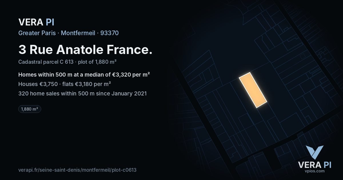 3 Rue Anatole France, Montfermeil at night – the plot lit, the parcels around coloured by the prices near them