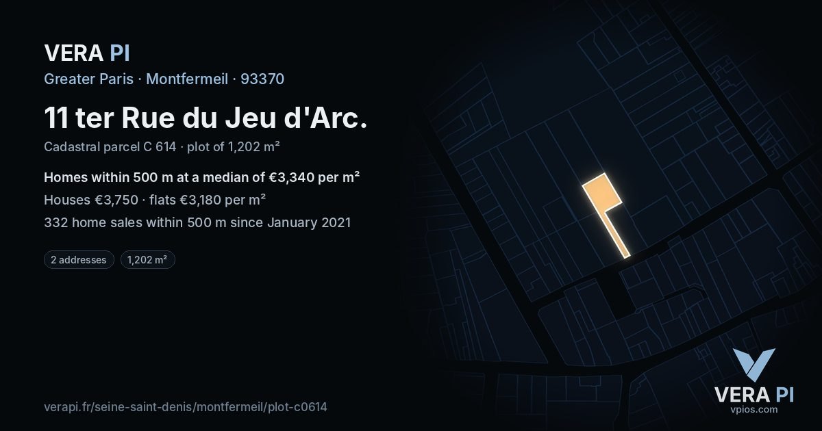 11 ter Rue du Jeu d'Arc, Montfermeil at night – the plot lit, the parcels around coloured by the prices near them