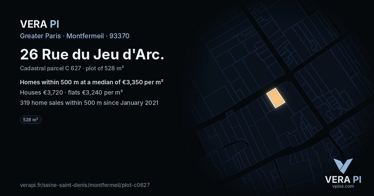 26 Rue du Jeu d'Arc, Montfermeil at night – the plot lit, the parcels around coloured by the prices near them