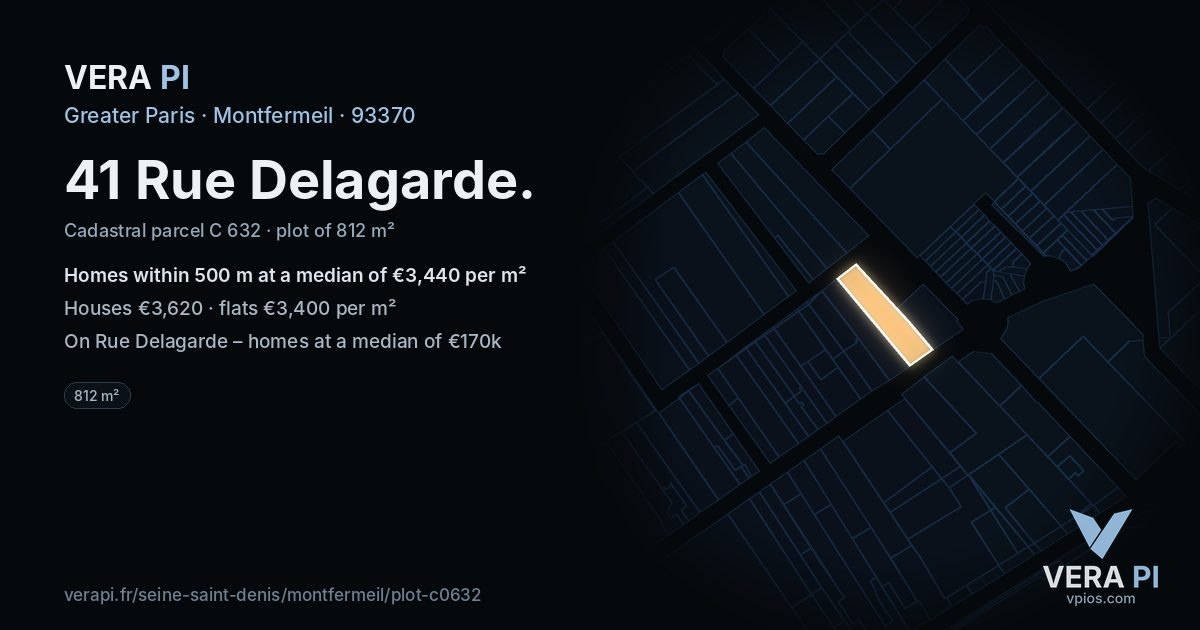 41 Rue Delagarde, Montfermeil at night – the plot lit, the parcels around coloured by the prices near them