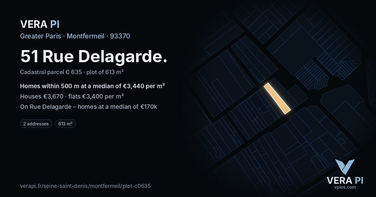 51 Rue Delagarde, Montfermeil at night – the plot lit, the parcels around coloured by the prices near them