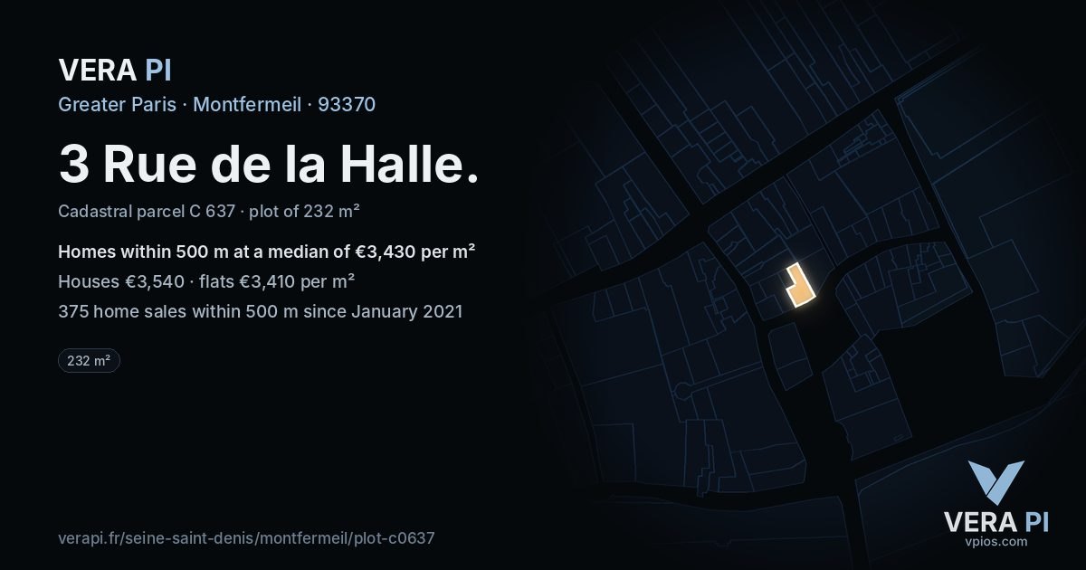 3 Rue de la Halle, Montfermeil at night – the plot lit, the parcels around coloured by the prices near them