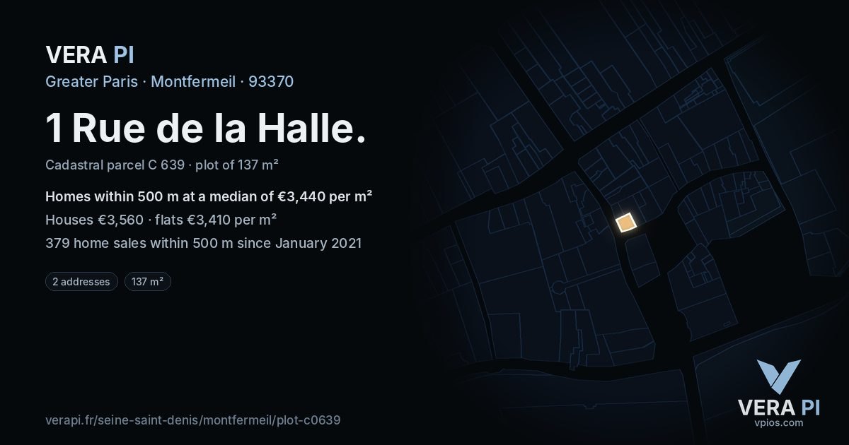 1 Rue de la Halle, Montfermeil at night – the plot lit, the parcels around coloured by the prices near them