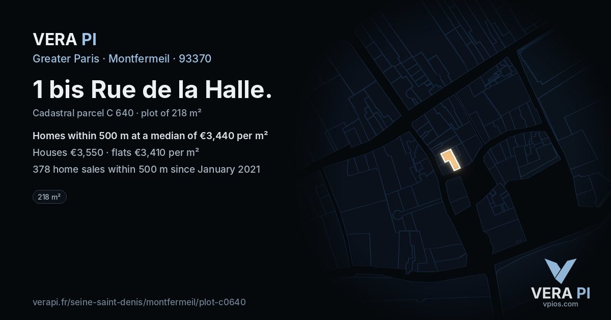 1 bis Rue de la Halle, Montfermeil at night – the plot lit, the parcels around coloured by the prices near them