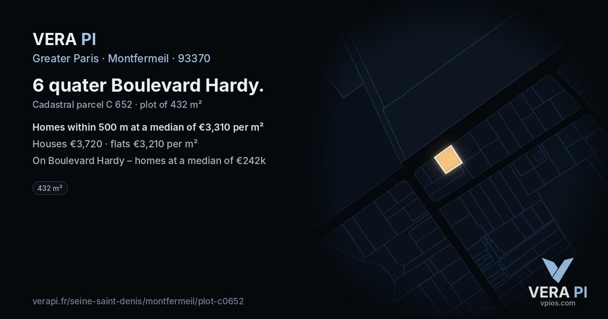 6 quater Boulevard Hardy, Montfermeil at night – the plot lit, the parcels around coloured by the prices near them
