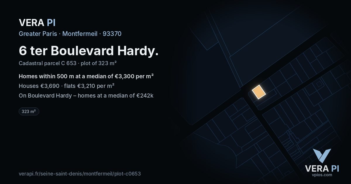 6 ter Boulevard Hardy, Montfermeil at night – the plot lit, the parcels around coloured by the prices near them