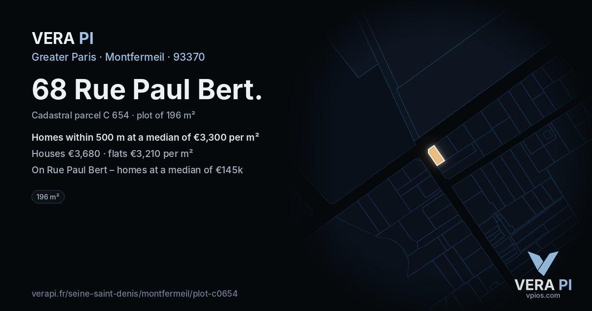68 Rue Paul Bert, Montfermeil at night – the plot lit, the parcels around coloured by the prices near them