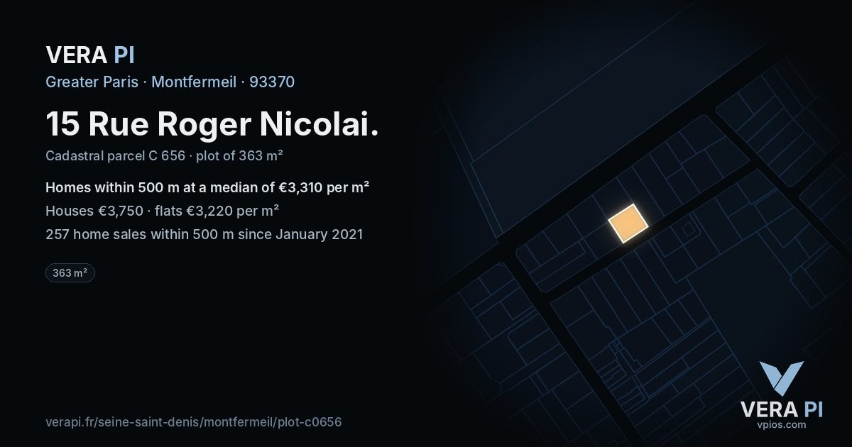 15 Rue Roger Nicolai, Montfermeil at night – the plot lit, the parcels around coloured by the prices near them