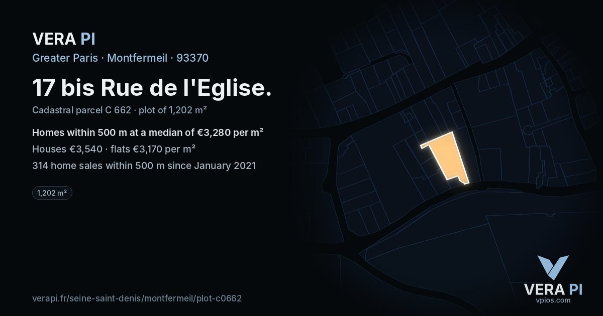 17 bis Rue de l'Eglise, Montfermeil at night – the plot lit, the parcels around coloured by the prices near them