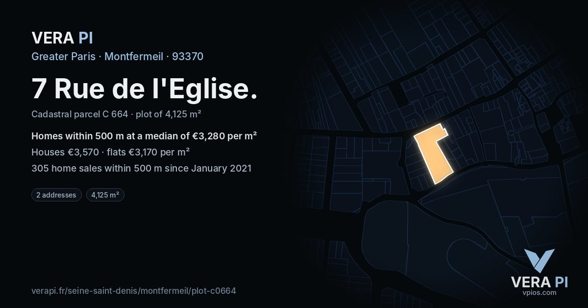 7 Rue de l'Eglise, Montfermeil at night – the plot lit, the parcels around coloured by the prices near them