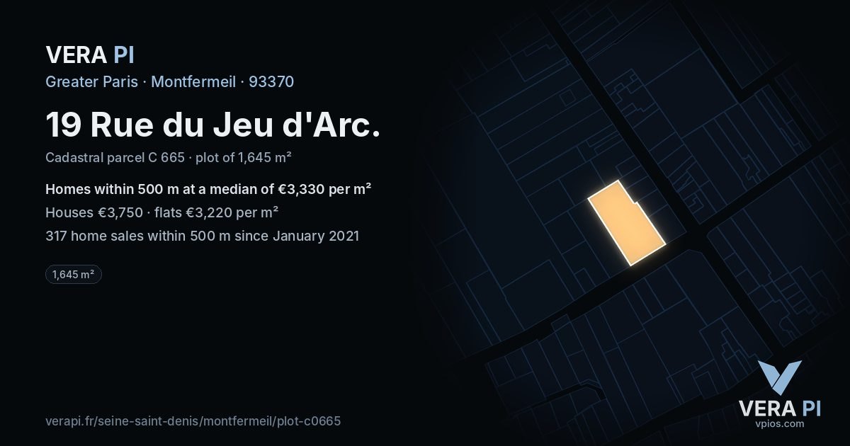 19 Rue du Jeu d'Arc, Montfermeil at night – the plot lit, the parcels around coloured by the prices near them