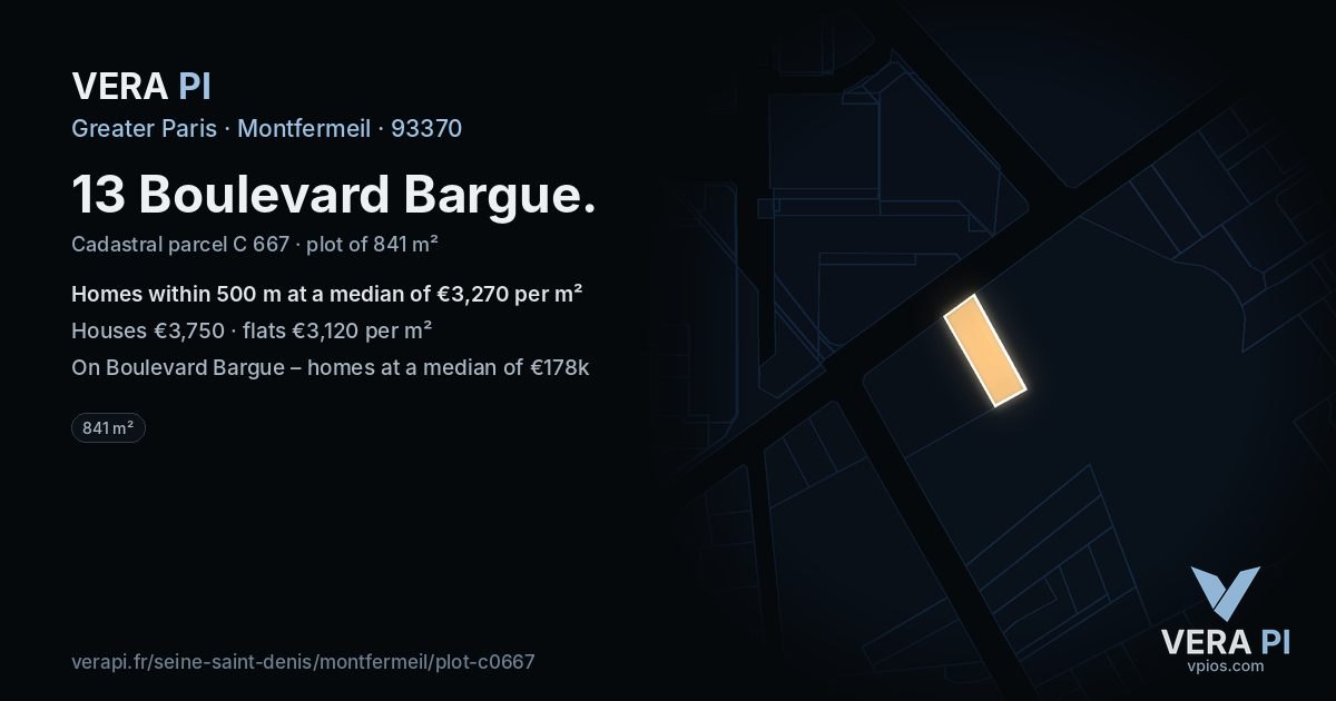 13 Boulevard Bargue, Montfermeil at night – the plot lit, the parcels around coloured by the prices near them