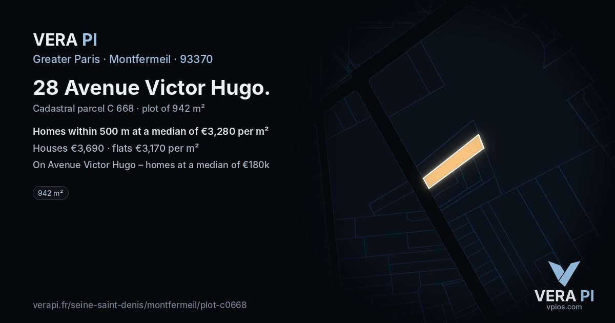 28 Avenue Victor Hugo, Montfermeil at night – the plot lit, the parcels around coloured by the prices near them