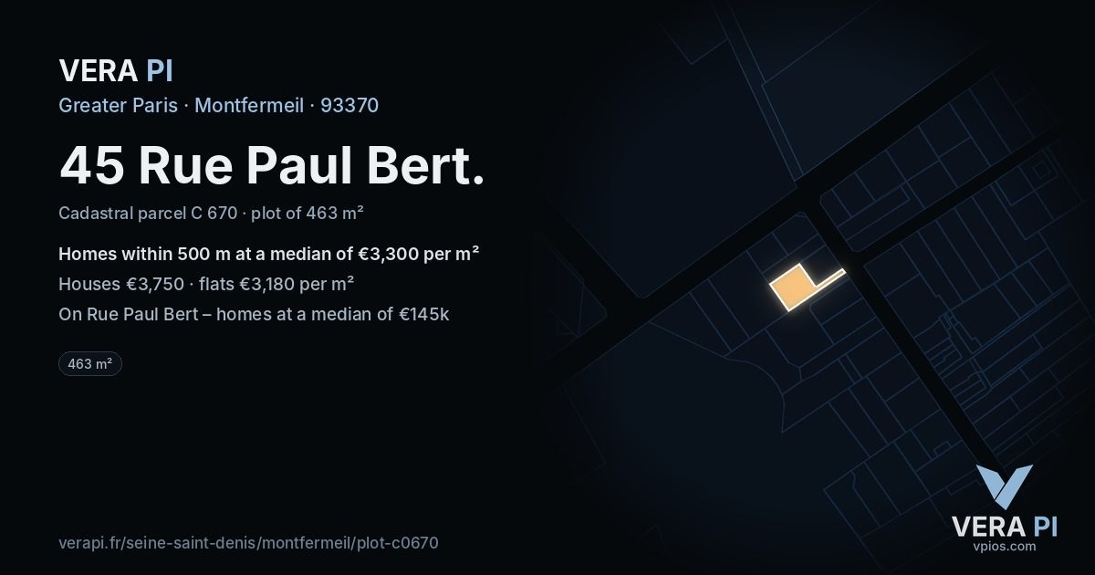 45 Rue Paul Bert, Montfermeil at night – the plot lit, the parcels around coloured by the prices near them