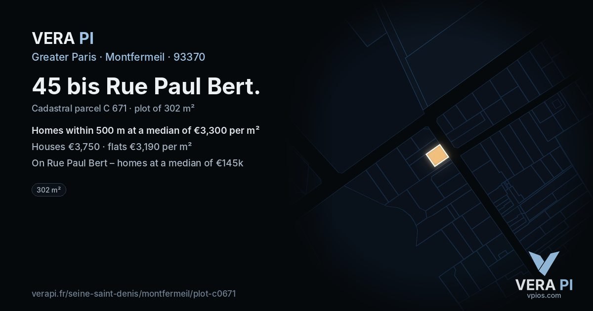 45 bis Rue Paul Bert, Montfermeil at night – the plot lit, the parcels around coloured by the prices near them