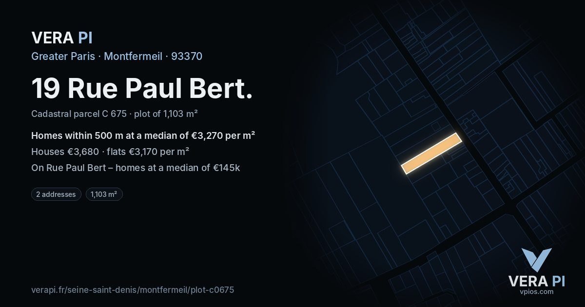 19 Rue Paul Bert, Montfermeil at night – the plot lit, the parcels around coloured by the prices near them