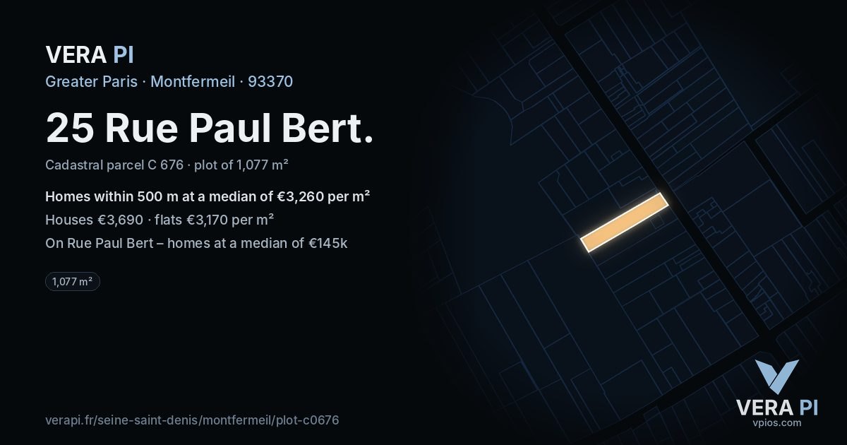 25 Rue Paul Bert, Montfermeil at night – the plot lit, the parcels around coloured by the prices near them