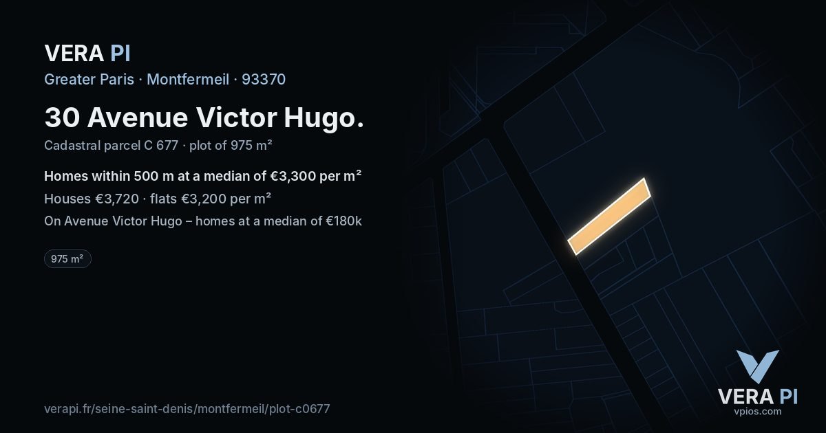 30 Avenue Victor Hugo, Montfermeil at night – the plot lit, the parcels around coloured by the prices near them