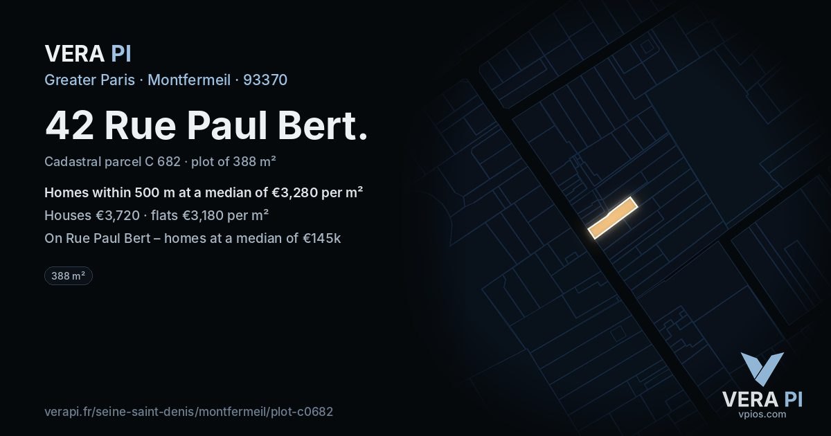 42 Rue Paul Bert, Montfermeil at night – the plot lit, the parcels around coloured by the prices near them