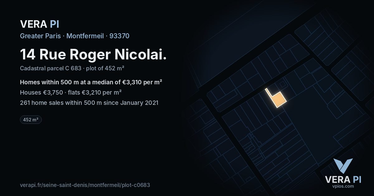 14 Rue Roger Nicolai, Montfermeil at night – the plot lit, the parcels around coloured by the prices near them