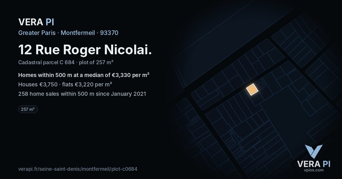 12 Rue Roger Nicolai, Montfermeil at night – the plot lit, the parcels around coloured by the prices near them