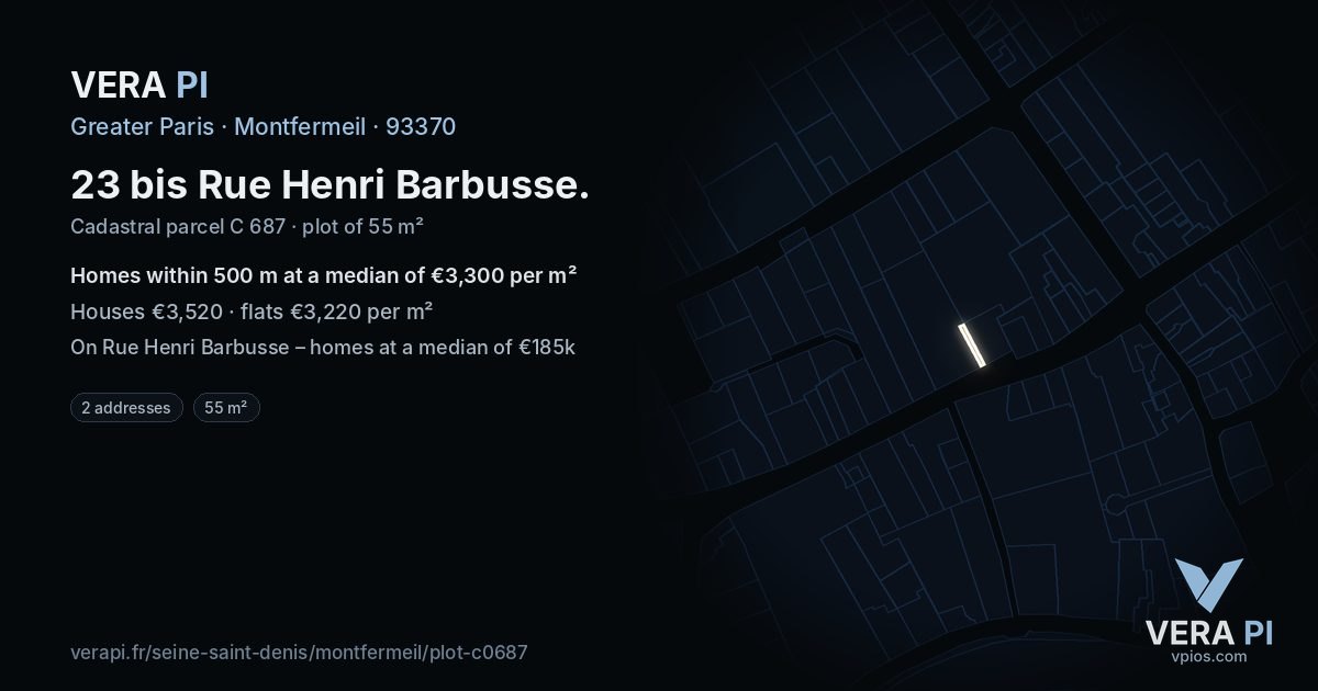 23 bis Rue Henri Barbusse, Montfermeil at night – the plot lit, the parcels around coloured by the prices near them