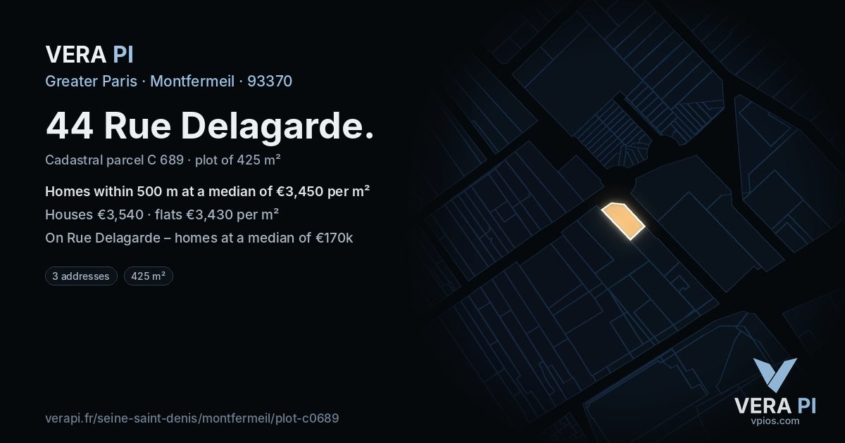 44 Rue Delagarde, Montfermeil at night – the plot lit, the parcels around coloured by the prices near them