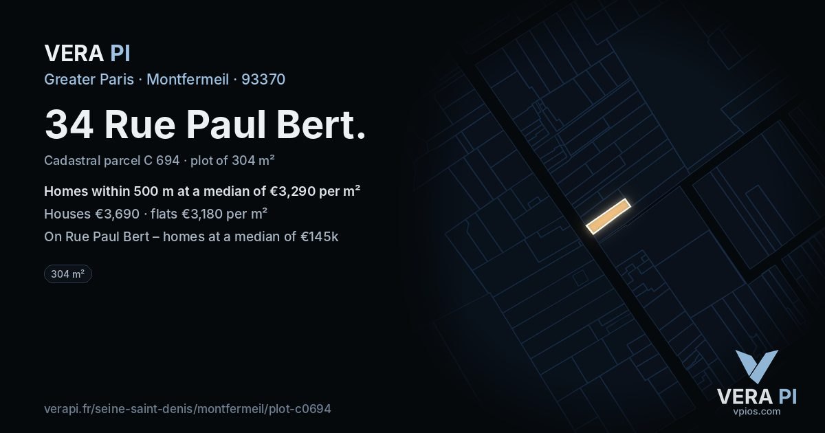 34 Rue Paul Bert, Montfermeil at night – the plot lit, the parcels around coloured by the prices near them