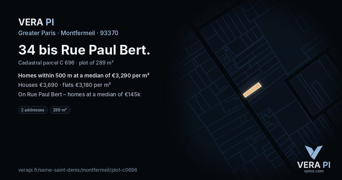 34 bis Rue Paul Bert, Montfermeil at night – the plot lit, the parcels around coloured by the prices near them