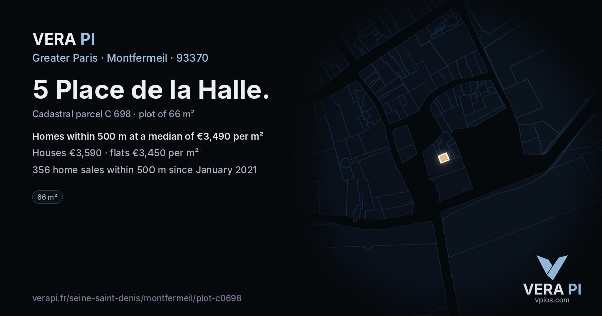 5 Place de la Halle, Montfermeil at night – the plot lit, the parcels around coloured by the prices near them