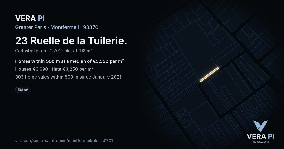 23 Ruelle de la Tuilerie, Montfermeil at night – the plot lit, the parcels around coloured by the prices near them