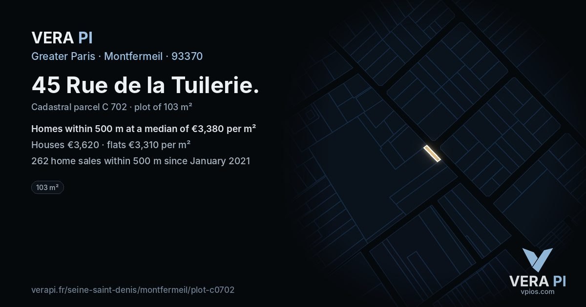 45 Rue de la Tuilerie, Montfermeil at night – the plot lit, the parcels around coloured by the prices near them