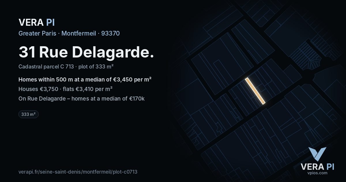 31 Rue Delagarde, Montfermeil at night – the plot lit, the parcels around coloured by the prices near them