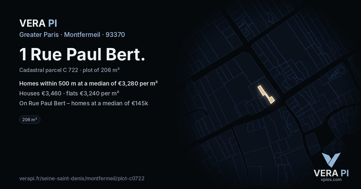 1 Rue Paul Bert, Montfermeil at night – the plot lit, the parcels around coloured by the prices near them