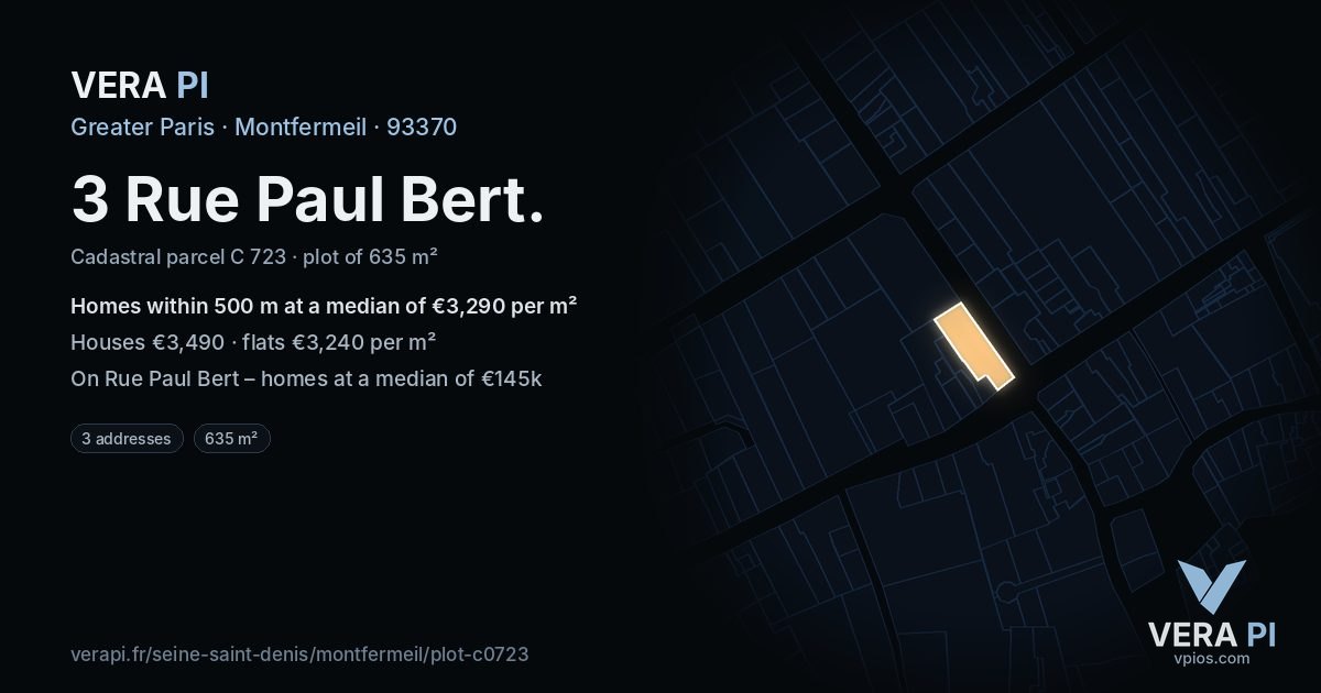3 Rue Paul Bert, Montfermeil at night – the plot lit, the parcels around coloured by the prices near them