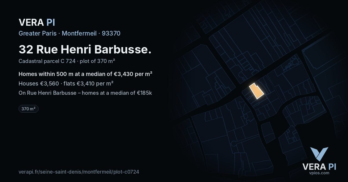32 Rue Henri Barbusse, Montfermeil at night – the plot lit, the parcels around coloured by the prices near them