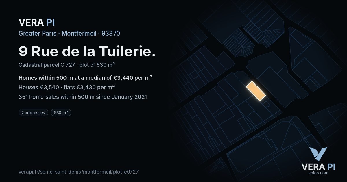 9 Rue de la Tuilerie, Montfermeil at night – the plot lit, the parcels around coloured by the prices near them