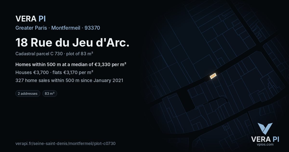 18 Rue du Jeu d'Arc, Montfermeil at night – the plot lit, the parcels around coloured by the prices near them