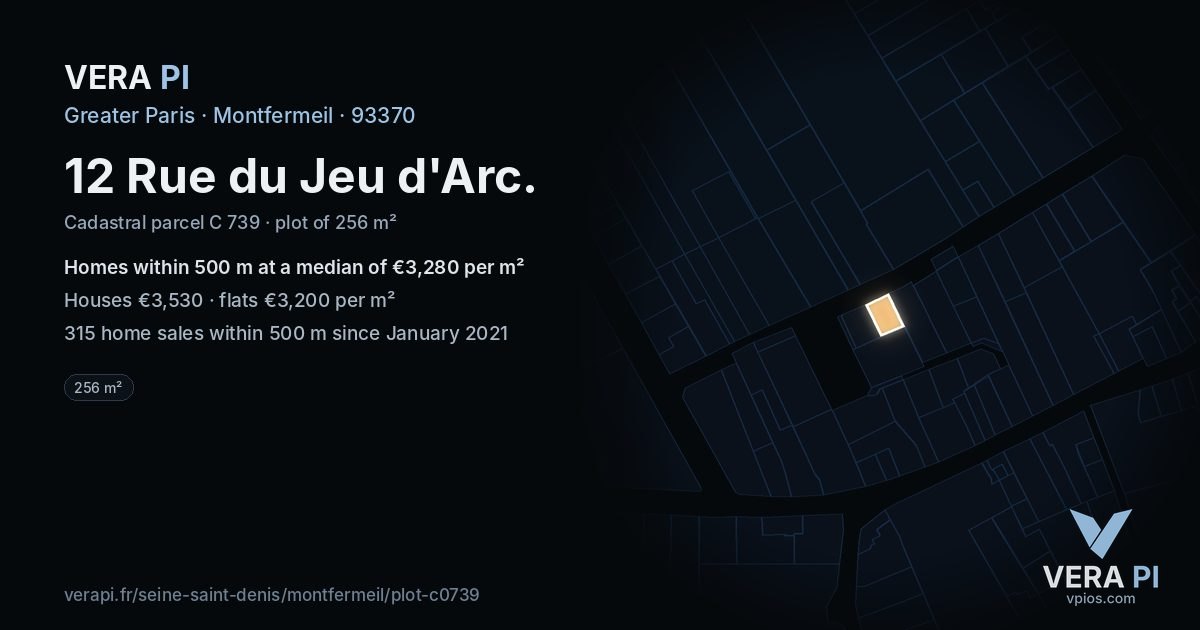 12 Rue du Jeu d'Arc, Montfermeil at night – the plot lit, the parcels around coloured by the prices near them