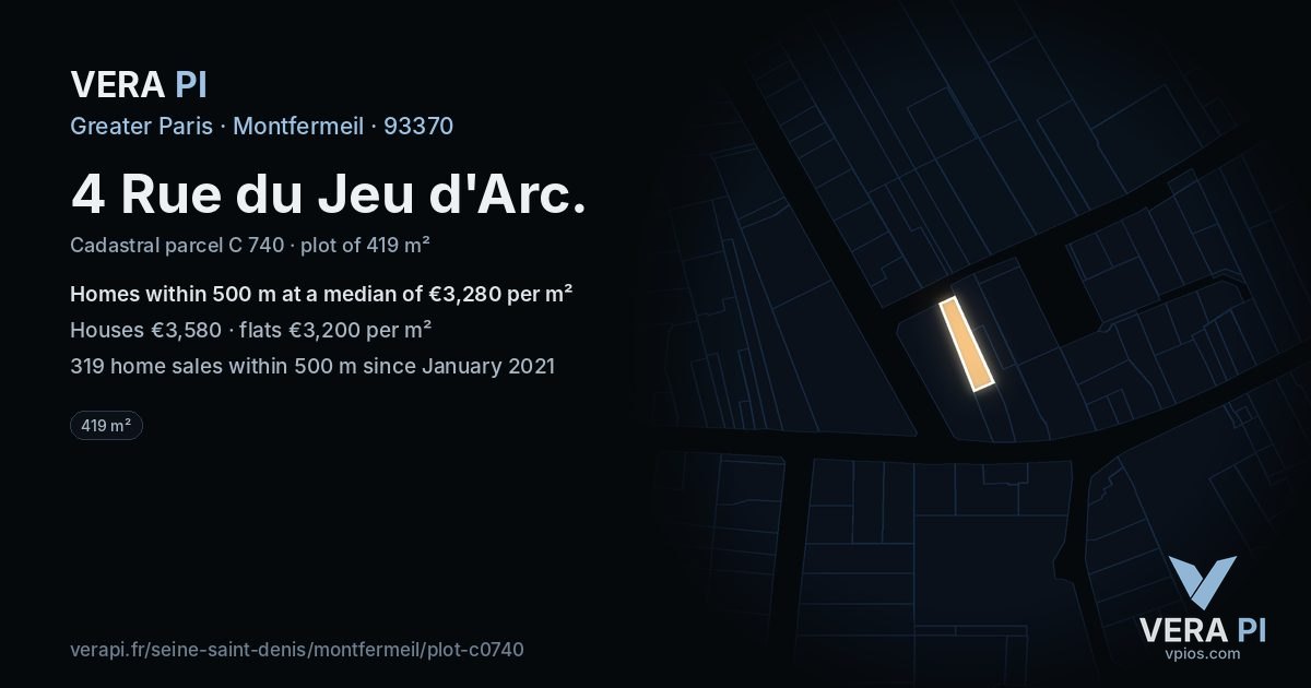 4 Rue du Jeu d'Arc, Montfermeil at night – the plot lit, the parcels around coloured by the prices near them