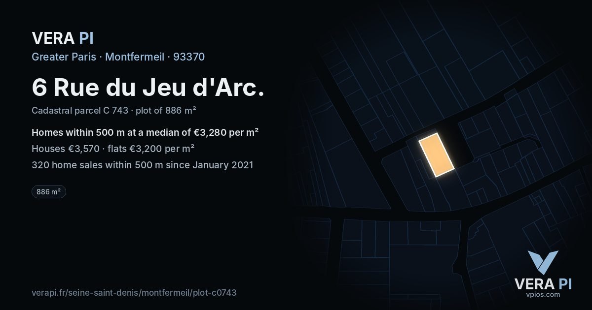 6 Rue du Jeu d'Arc, Montfermeil at night – the plot lit, the parcels around coloured by the prices near them