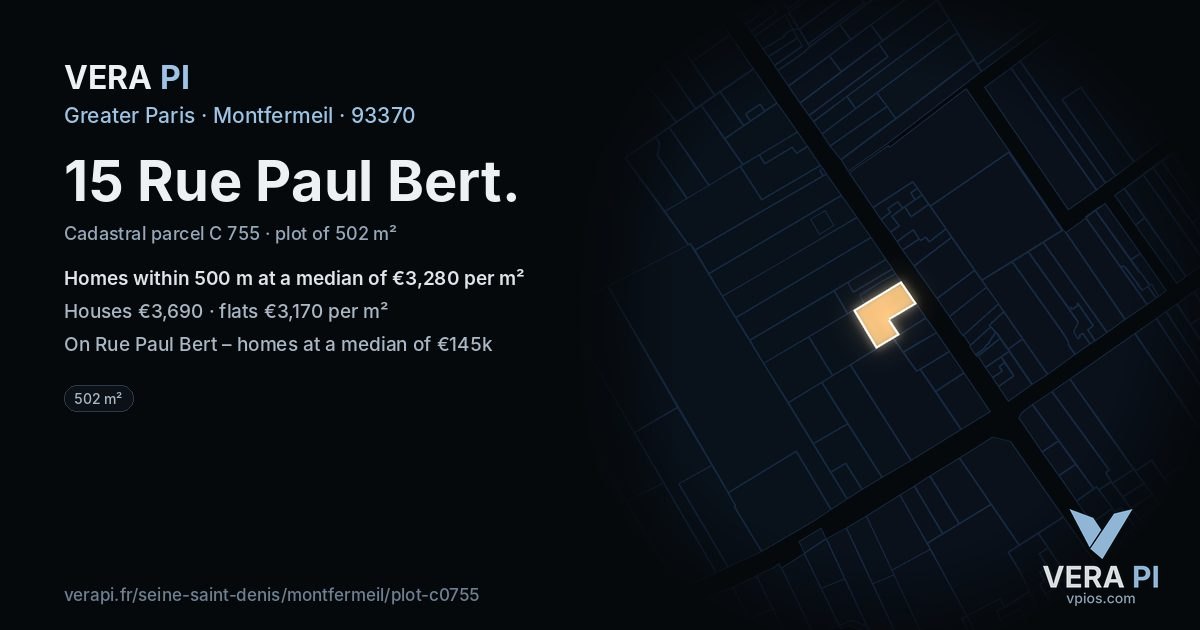 15 Rue Paul Bert, Montfermeil at night – the plot lit, the parcels around coloured by the prices near them
