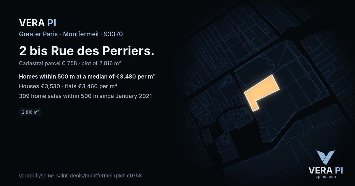 2 bis Rue des Perriers, Montfermeil at night – the plot lit, the parcels around coloured by the prices near them