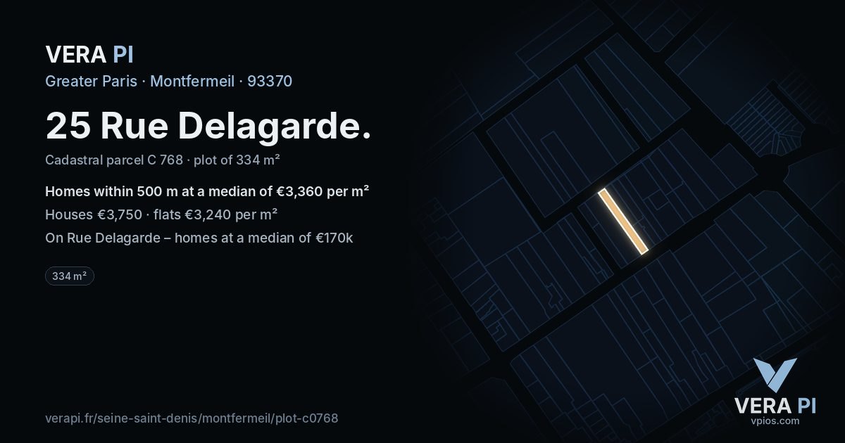25 Rue Delagarde, Montfermeil at night – the plot lit, the parcels around coloured by the prices near them