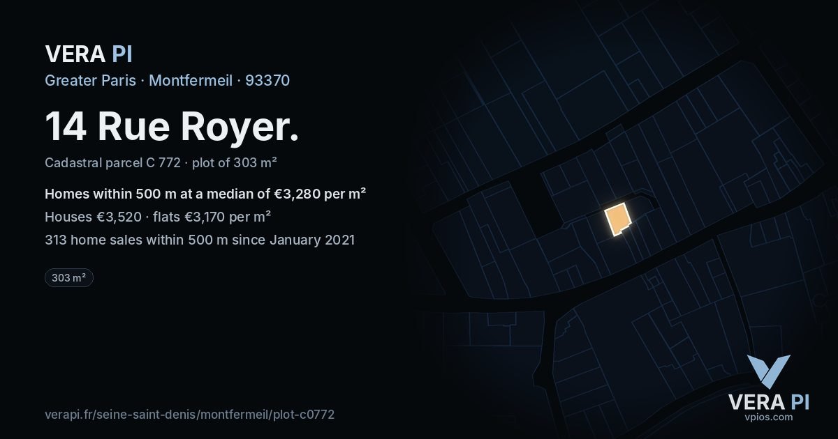 14 Rue Royer, Montfermeil at night – the plot lit, the parcels around coloured by the prices near them