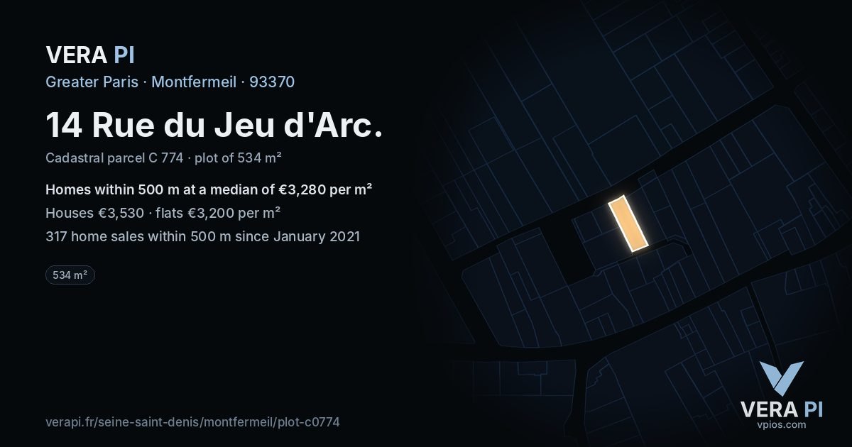 14 Rue du Jeu d'Arc, Montfermeil at night – the plot lit, the parcels around coloured by the prices near them