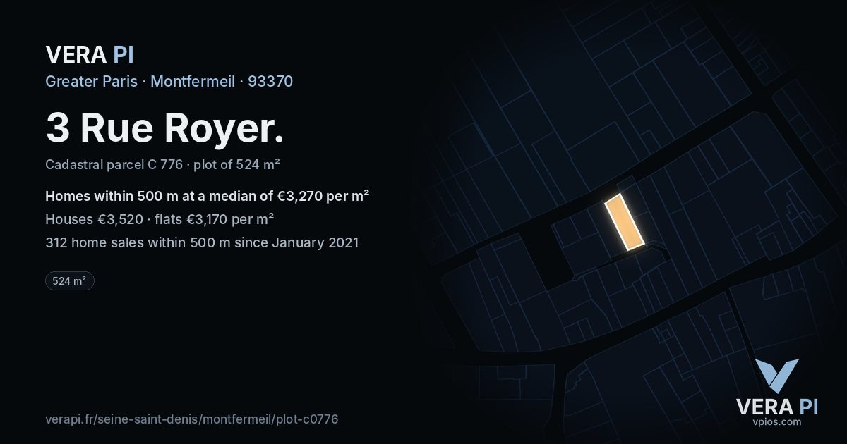 3 Rue Royer, Montfermeil at night – the plot lit, the parcels around coloured by the prices near them